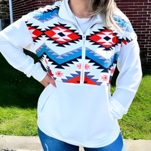 Fronage Women's Half Zip Sweatshirt Western Aztec Sweater, Casual Long Sleeve Mexico Ethnic Graphic Pullover Tops White, L