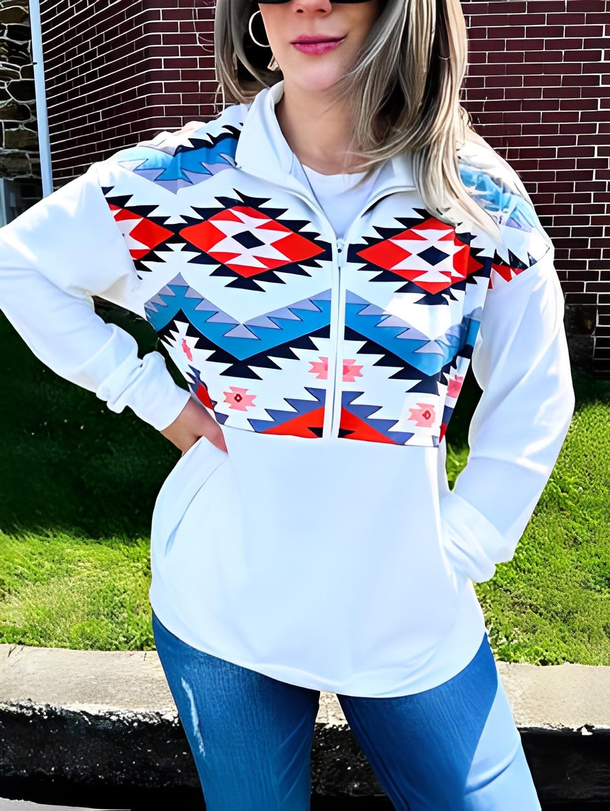 Fronage Women's Half Zip Sweatshirt Western Aztec Sweater, Casual Long Sleeve Mexico Ethnic Graphic Pullover Tops White, L