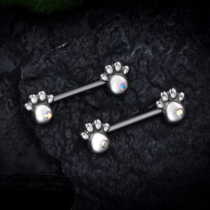 COCHARM 2pcs G23 Solid Titanium Nipple Rings for Women 14g Dog Paw Print Nipple Barbells 14mm Hypoallergenic Nipple Piercing Cute Nipple Jewelry