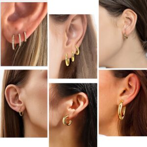 Cuicanstar 9 Pairs Chunky Gold Hoop Earrings Lightweight 14K Gold Hoops Earrings Minimalist Cubic Zirconia Huggie Earrings Set for Women