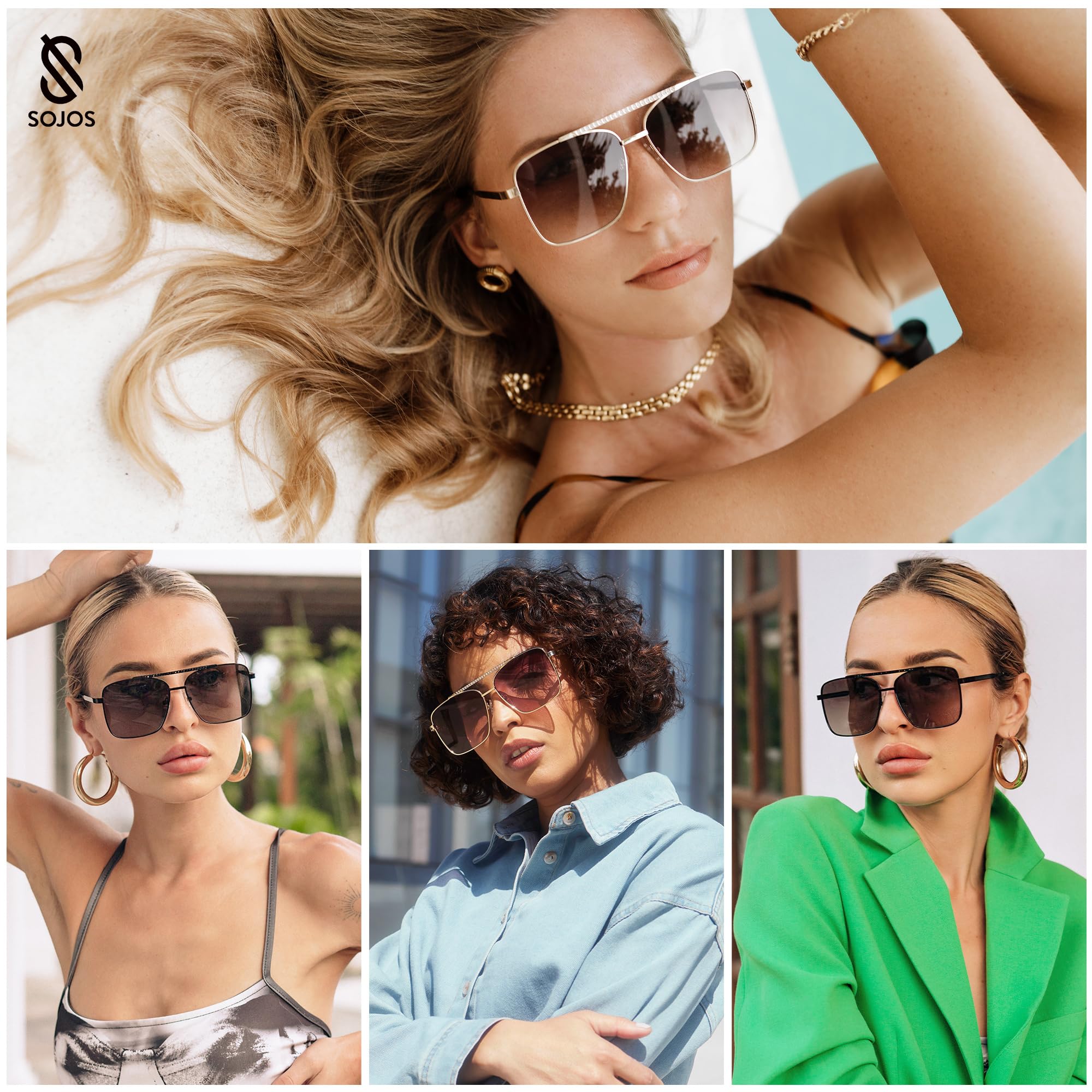 SOJOS Trendy Aviator Sunglasses Womens Oversized Retro Rhinestone Double Bridge Square Women Shades SJ1195 Black Frame Grey Lens