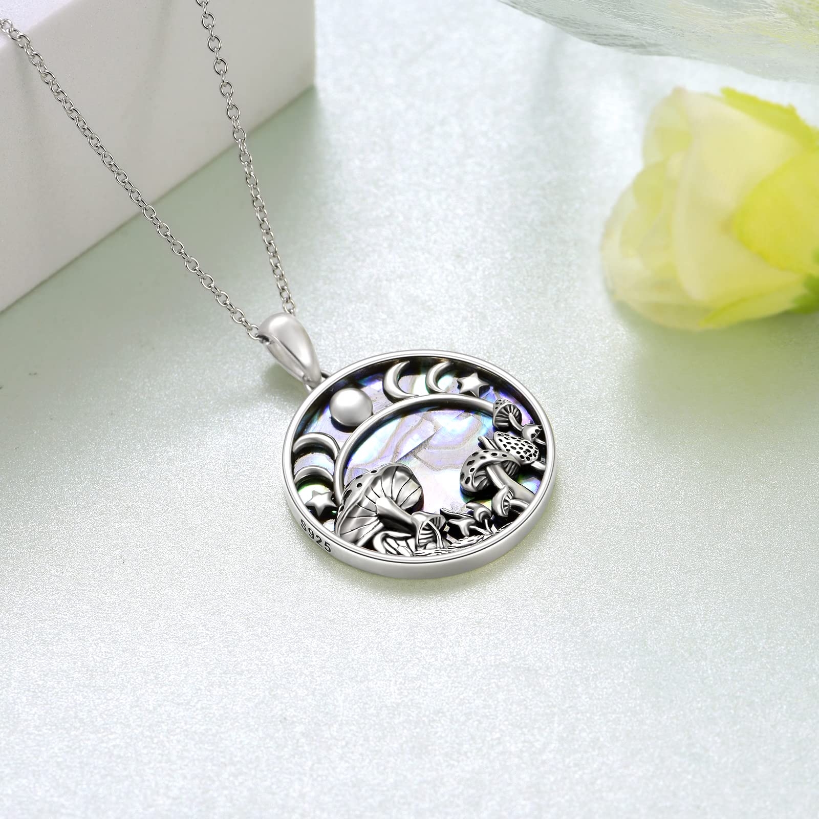 Mushroom Necklace Sterling Silver Moon Phase Pendant Necklace Magical Mushroom Jewelry Gifts for Women