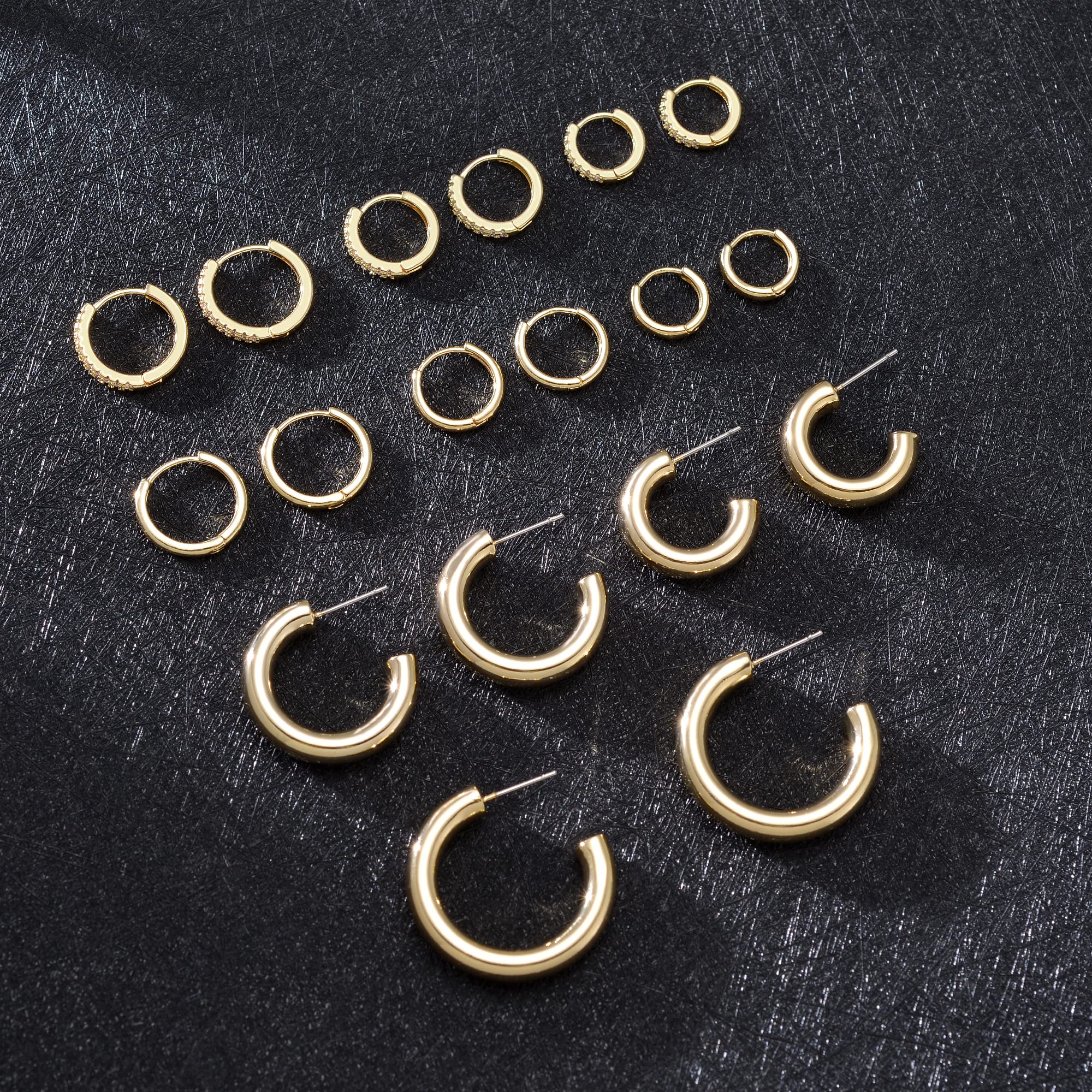 Cuicanstar 9 Pairs Chunky Gold Hoop Earrings Lightweight 14K Gold Hoops Earrings Minimalist Cubic Zirconia Huggie Earrings Set for Women