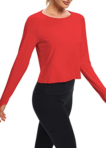 Bestisun Womens Cropped Tops Long Sleeve Open Back Workout Tops Activewear Gym Yoga Shirts Exercise Sports Running Clothes Red S