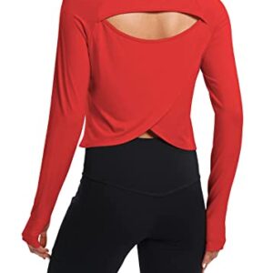 Bestisun Womens Cropped Tops Long Sleeve Open Back Workout Tops Activewear Gym Yoga Shirts Exercise Sports Running Clothes Red S