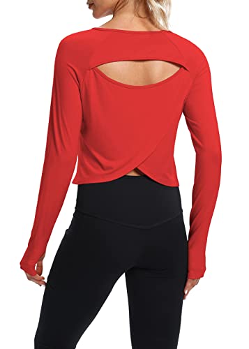 Bestisun Womens Cropped Tops Long Sleeve Open Back Workout Tops Activewear Gym Yoga Shirts Exercise Sports Running Clothes Red S