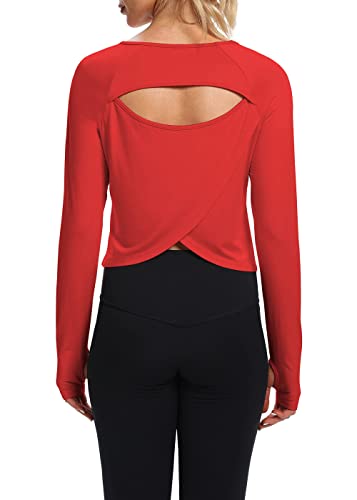 Bestisun Womens Cropped Tops Long Sleeve Open Back Workout Tops Activewear Gym Yoga Shirts Exercise Sports Running Clothes Red S