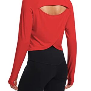 Bestisun Womens Cropped Tops Long Sleeve Open Back Workout Tops Activewear Gym Yoga Shirts Exercise Sports Running Clothes Red S