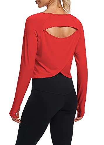 Bestisun Womens Cropped Tops Long Sleeve Open Back Workout Tops Activewear Gym Yoga Shirts Exercise Sports Running Clothes Red S