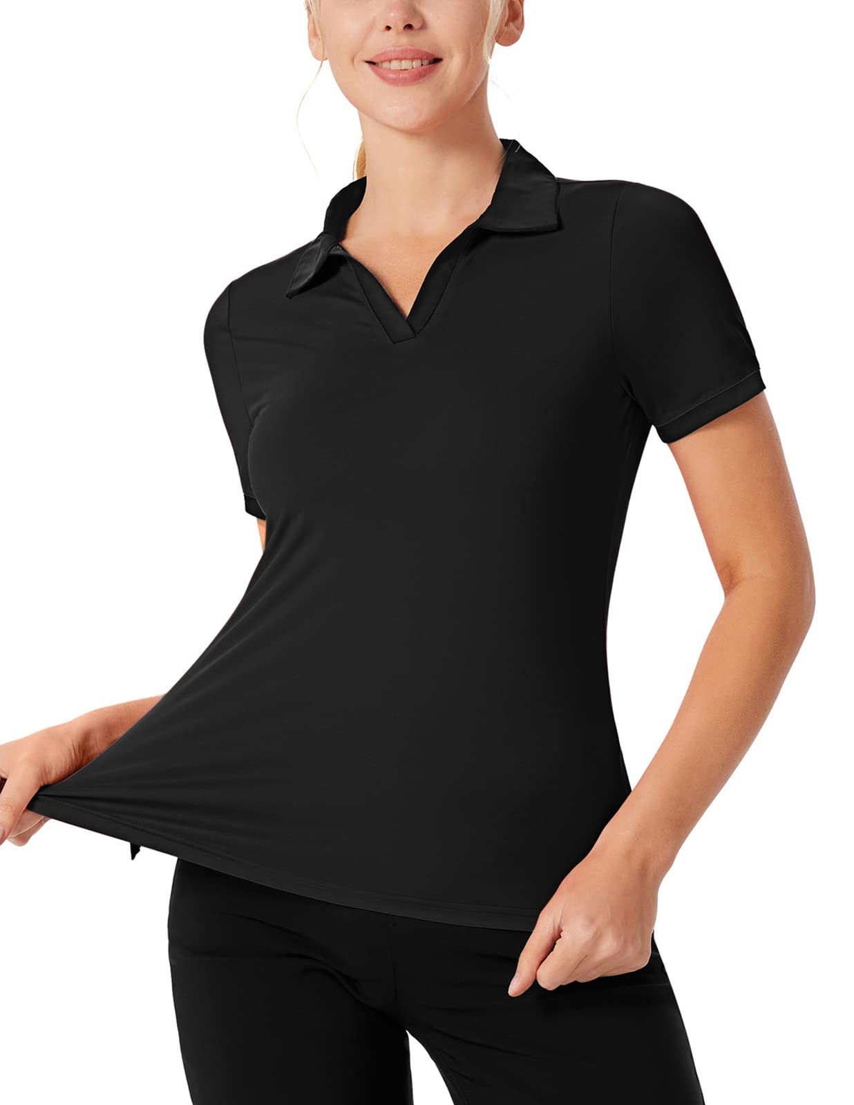 Golf Shirt for Women UPF 50+ Short Sleeve Polo Shirt Breathable Moisture Wicking Tennis Top Golf Apparel(Black,M)