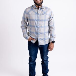 Club Ride Apparel Go Long - Men's Flannel Long Sleeve Shirt - Cream n Blue - L