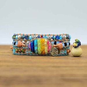 DAFARACODE Boho Stone Handmade Bracelet: Bead Natural Stone Wrap Jewelry Bohemian Style 3 Wraps Jasper Bracelet Gemstone Beads Bracelet Jewelry (Colourful Chakra Imperial Stones 3 Wraps)