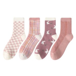 ELLEES 4/5/6/8 Pairs Cute Women Socks Winter Gifts for Women Floral Ankle Thermal Socks Warm Soft Cotton Socks Cozy Crew Socks… (4 Pairs-Pink Combo)