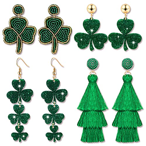 4/6Pairs St. Patrick's Day Earrings for Women, Beaded Shamrock Earrings Lucky Green Leaf Earring for Layered Tassel Earrings Irish Holiday Jewelry Gift (Style A)