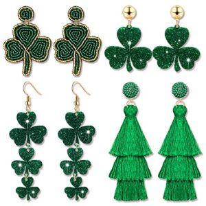 4/6pairs st. patrick's day earrings for women, beaded shamrock earrings lucky green leaf earring for layered tassel earrings irish holiday jewelry gift (style a)