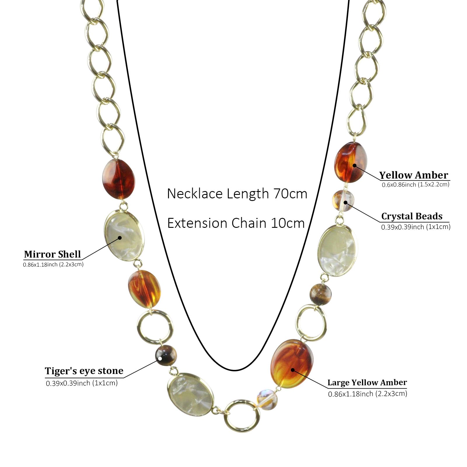 AEQBBQRE Women Boho Long Necklaces Trendy 14K Gold Plated Chain Genuine Natural Stone Necklace Tiger Eye Crystal Bead Imitation Agate Shell Jewelry For Fashion Girls