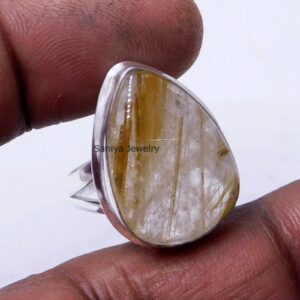 Natural Golden Rutilated Quartz 925 Solid Sterling Silver Ring For Women Handmade Jewelry Gift For Her