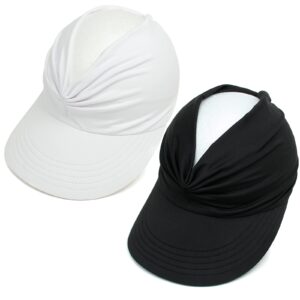 Mukeyo 2 Packs Womens Sun Visor Hat Wide Brim Summer UPF 50+ UV Protection Beach Sport Cap Black & White