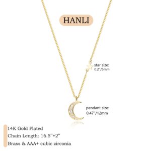 HANLI 14K Gold Plated Moon and Star Necklace for Women - Dainty Gold Jewelry for Women