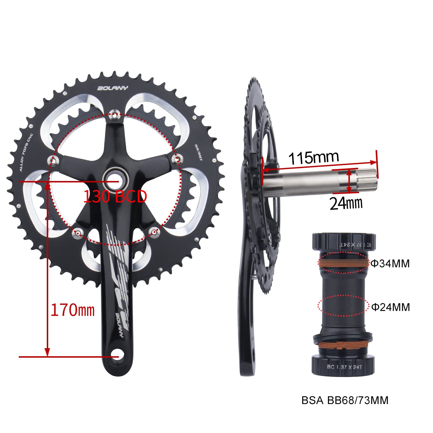 BOLANY 170mm Bike Crankset Double Speed Round 39/53T Chainring 130BCD Hollow Integrated 9S/10S with Bottom Bracket Fit for Road Bike Cranksets