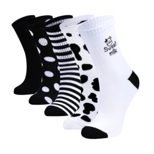 Bolero 5 Pairs Cow Patterned Black White Socks for Women, Cute And Cozy Socks As Birthday Gifts For Women