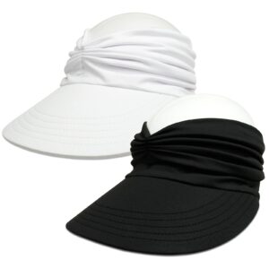 Mukeyo 2 Packs Womens Sun Visor Hat Wide Brim Summer UPF 50+ UV Protection Beach Sport Cap Black & White