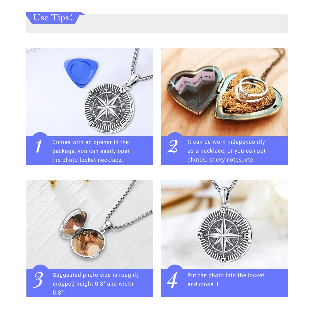 Eusense Compass Necklace 925 Sterling Silver Jewelry Compass Locket Necklace for Women Picture Locket Necklace that Holds Pictures Compass Jewelry Compass Pendant Necklace for Men