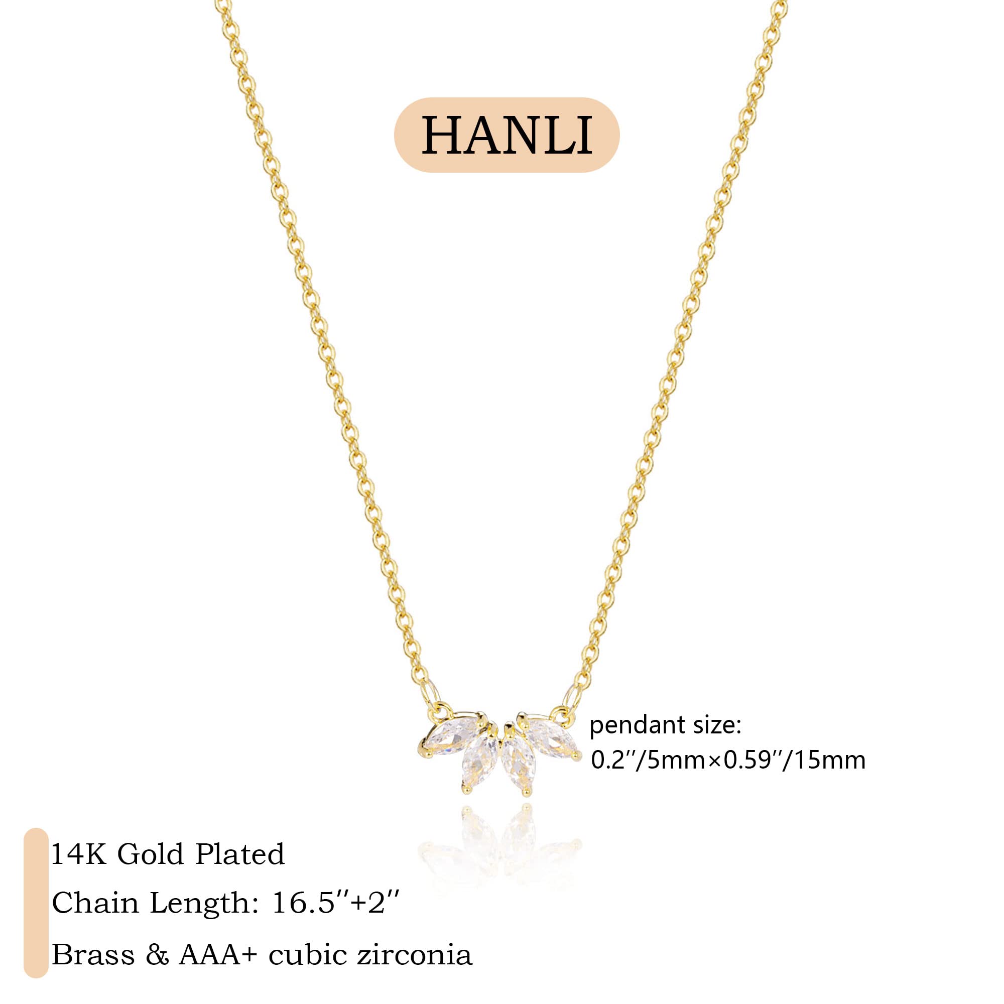 HANLI 14K Gold Plated Marquise CZ Necklace for Women - Dainty Gold, Simple Everyday Elegant Jewelry