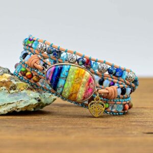 DAFARACODE Boho Stone Handmade Bracelet: Bead Natural Stone Wrap Jewelry Bohemian Style 3 Wraps Jasper Bracelet Gemstone Beads Bracelet Jewelry (Colourful Chakra Imperial Stones 3 Wraps)