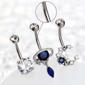 Melighting 14G Belly Button Rings Pack Stainless Steel 316L Blue Belly Rings for Women Clear CZ Planet Belly Piercing Moon Navel Barbell Body Piercing Jewelry (Blue)