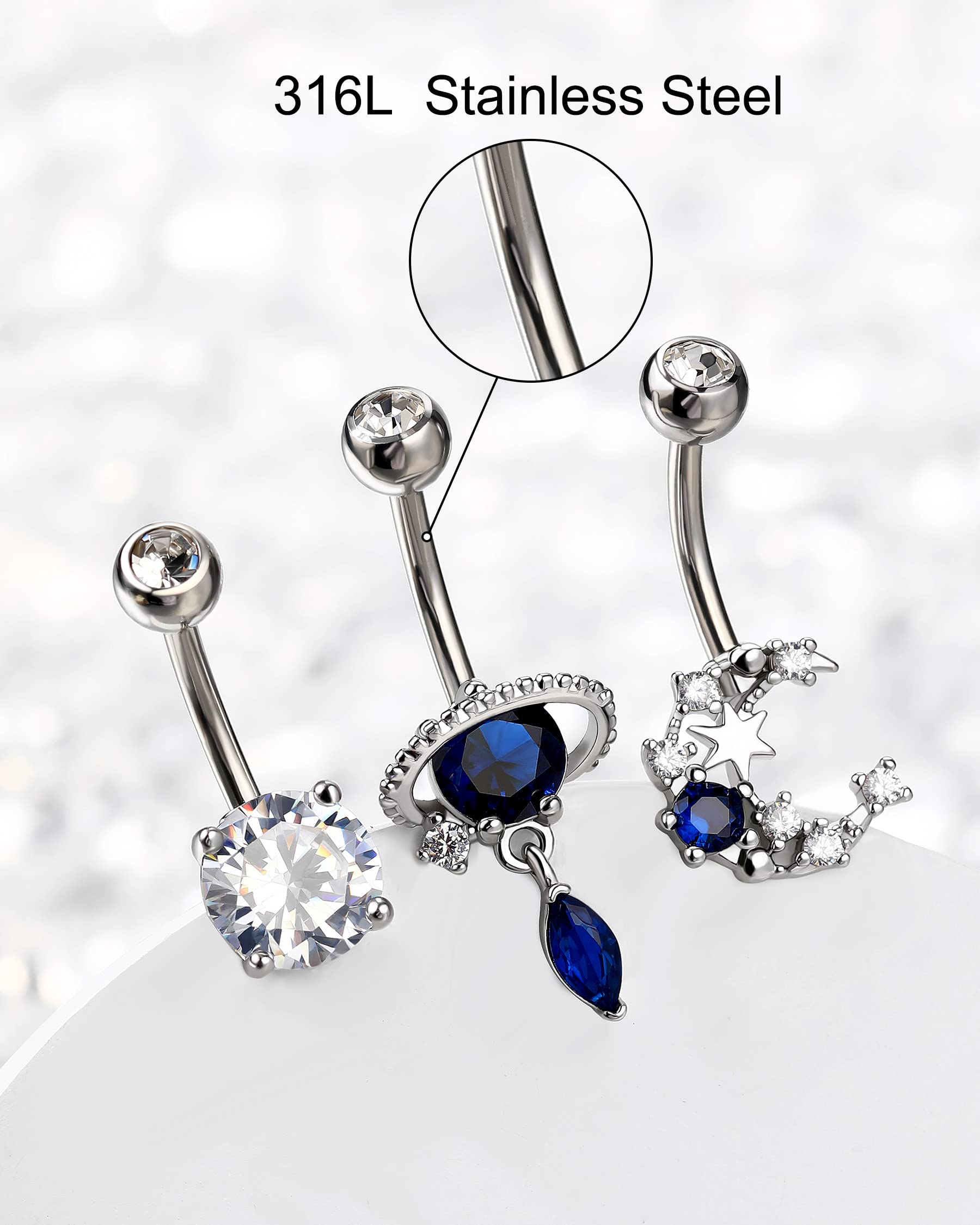 Melighting 14G Belly Button Rings Pack Stainless Steel 316L Blue Belly Rings for Women Clear CZ Planet Belly Piercing Moon Navel Barbell Body Piercing Jewelry (Blue)