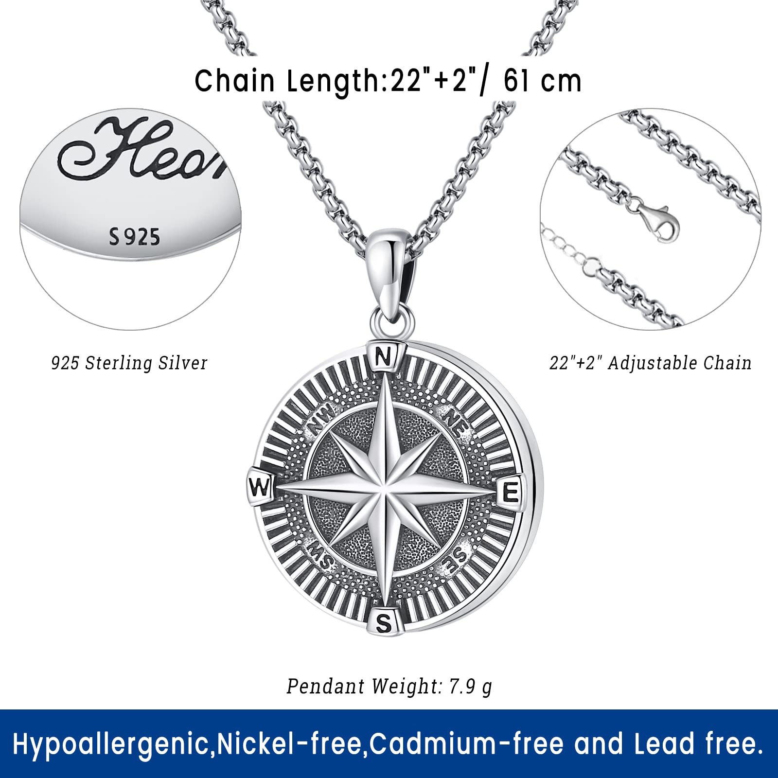 Eusense Compass Necklace 925 Sterling Silver Jewelry Compass Locket Necklace for Women Picture Locket Necklace that Holds Pictures Compass Jewelry Compass Pendant Necklace for Men