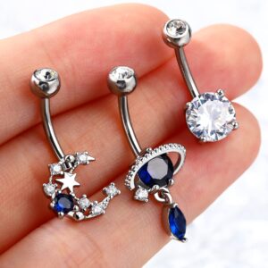 Melighting 14G Belly Button Rings Pack Stainless Steel 316L Blue Belly Rings for Women Clear CZ Planet Belly Piercing Moon Navel Barbell Body Piercing Jewelry (Blue)