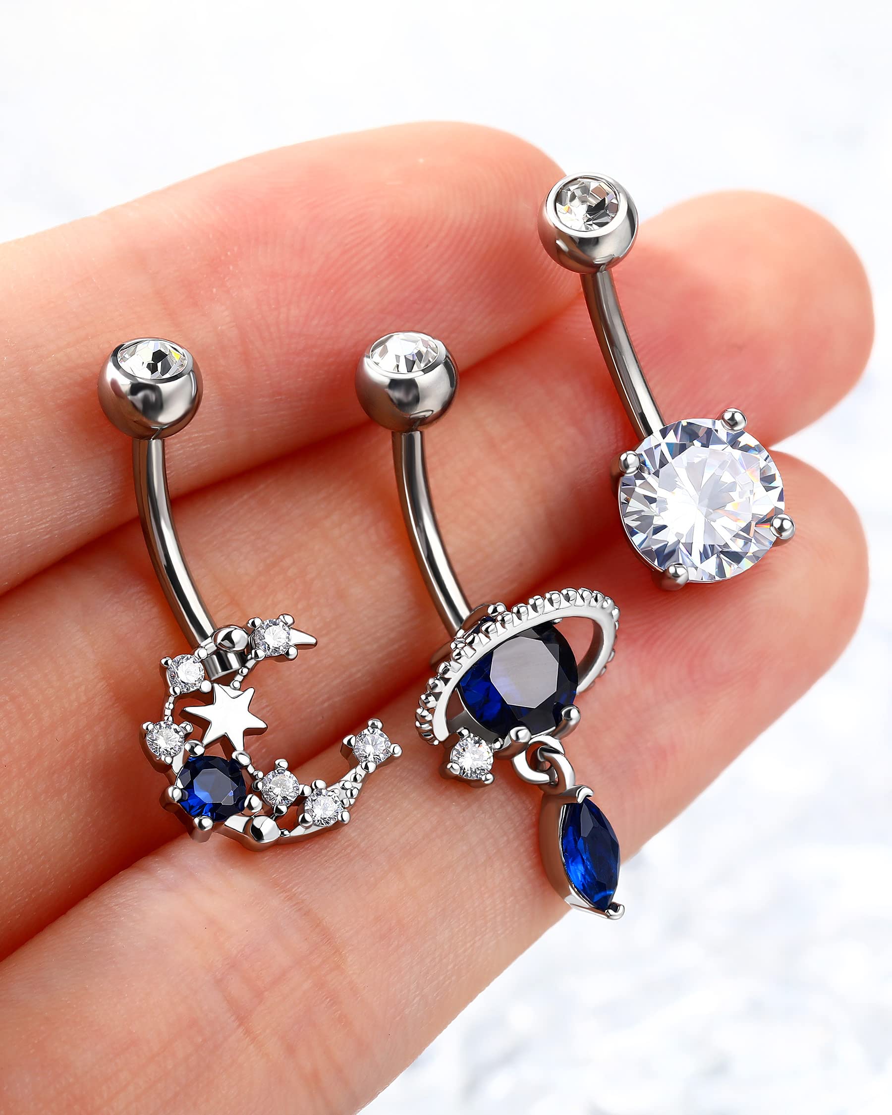 Melighting 14G Belly Button Rings Pack Stainless Steel 316L Blue Belly Rings for Women Clear CZ Planet Belly Piercing Moon Navel Barbell Body Piercing Jewelry (Blue)