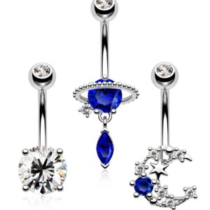 Melighting 14G Belly Button Rings Pack Stainless Steel 316L Blue Belly Rings for Women Clear CZ Planet Belly Piercing Moon Navel Barbell Body Piercing Jewelry (Blue)