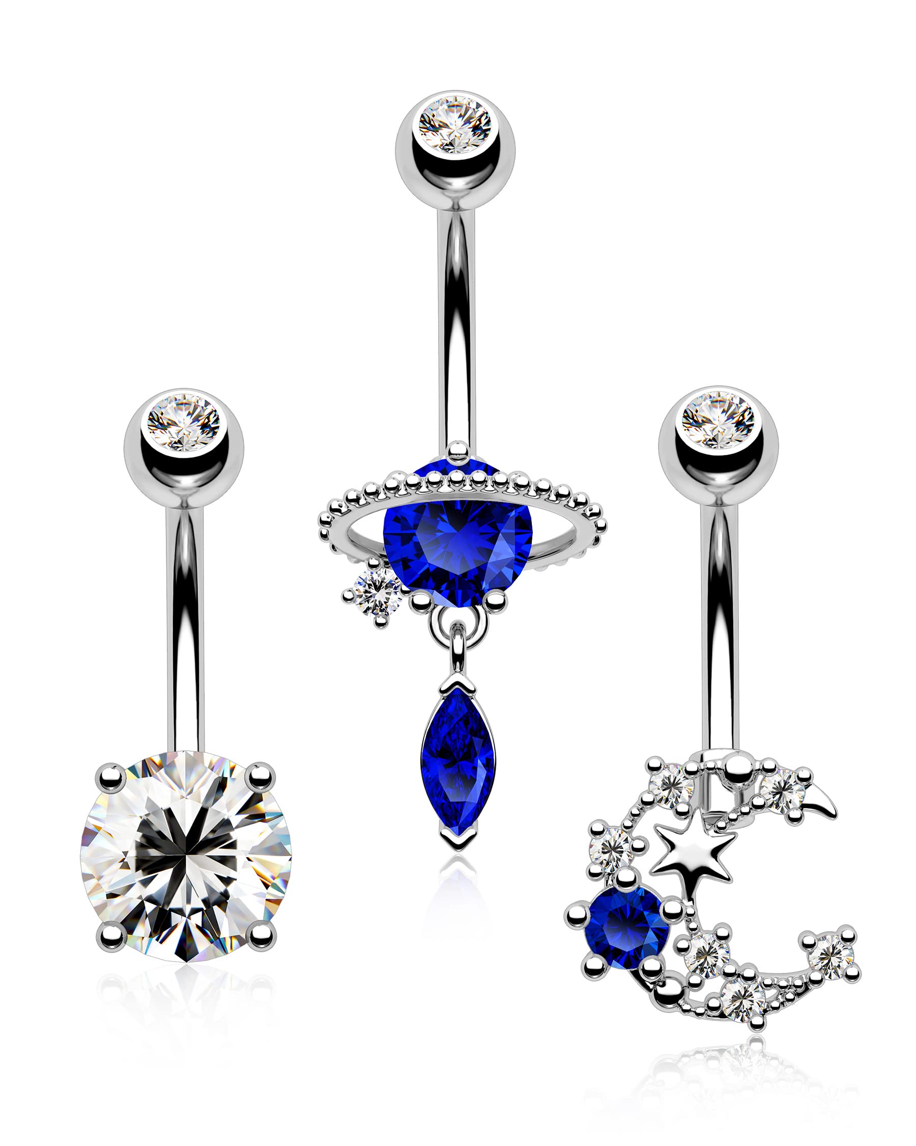 Melighting 14G Belly Button Rings Pack Stainless Steel 316L Blue Belly Rings for Women Clear CZ Planet Belly Piercing Moon Navel Barbell Body Piercing Jewelry (Blue)