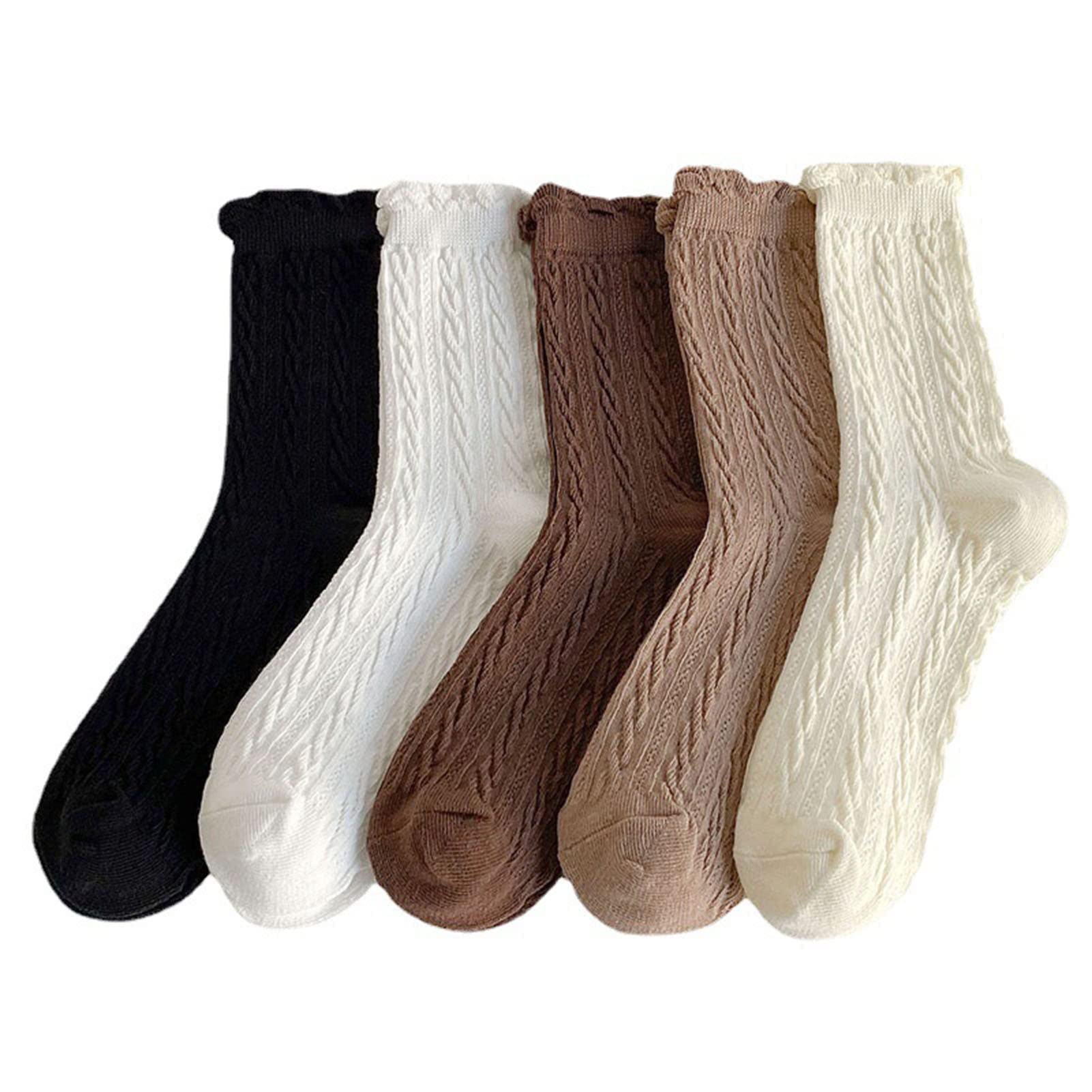 CYCVIZK 5 Pairs Comfortable Casual Cotton Socks for Women, Ruffle Turn-Cuff Ankle Socks for Girls, Breathable Cute Crew Socks for Women