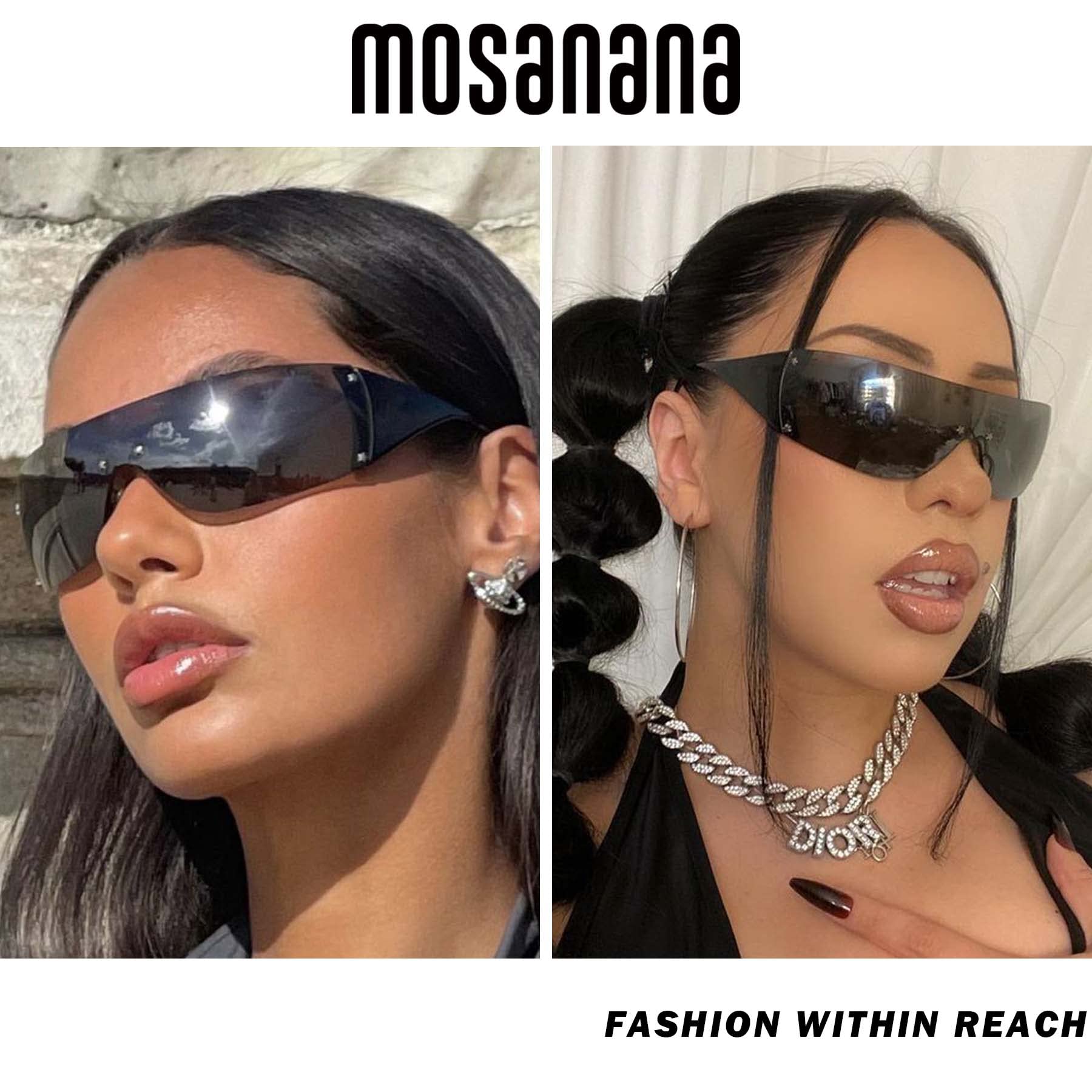 mosanana Y2K Wrap Around Sunglasses for Women Black Futuristic Trendy Fashion Cool Shield 2000s Shade Cute Funky Stylish Aesthetic Go Back