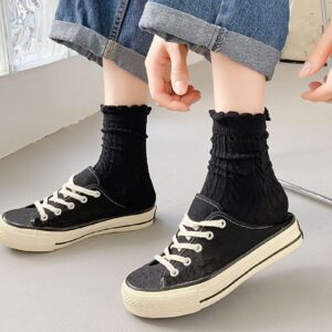 CYCVIZK 5 Pairs Comfortable Casual Cotton Socks for Women, Ruffle Turn-Cuff Ankle Socks for Girls, Breathable Cute Crew Socks for Women