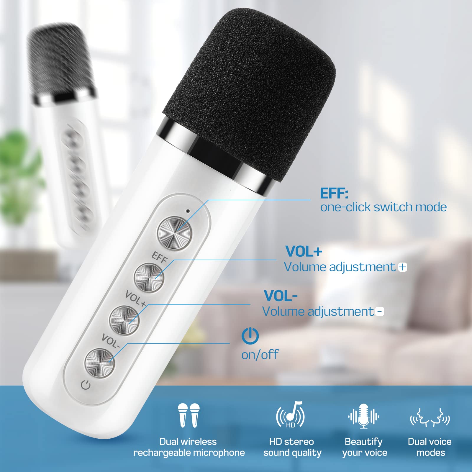 Wireless Karaoke Machine with 2 Microphones - Multifunctional Portable Mini Karaoke Machine, Karaoke Speaker Supports Bluetooth/USB/Aux/TF for Kids, Adults, Family, Party, Gift (White)