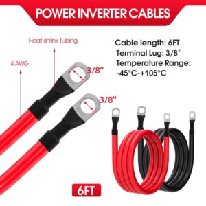 4 AWG Battery Cable 4AWG Gauge Pure Copper Battery Inverter Cables with 3/8 in Lugs Both Ends Power Inverter Wire Set for Automotive Solar Marine Boat RV Car Motorcycle Red and Black (6ft)