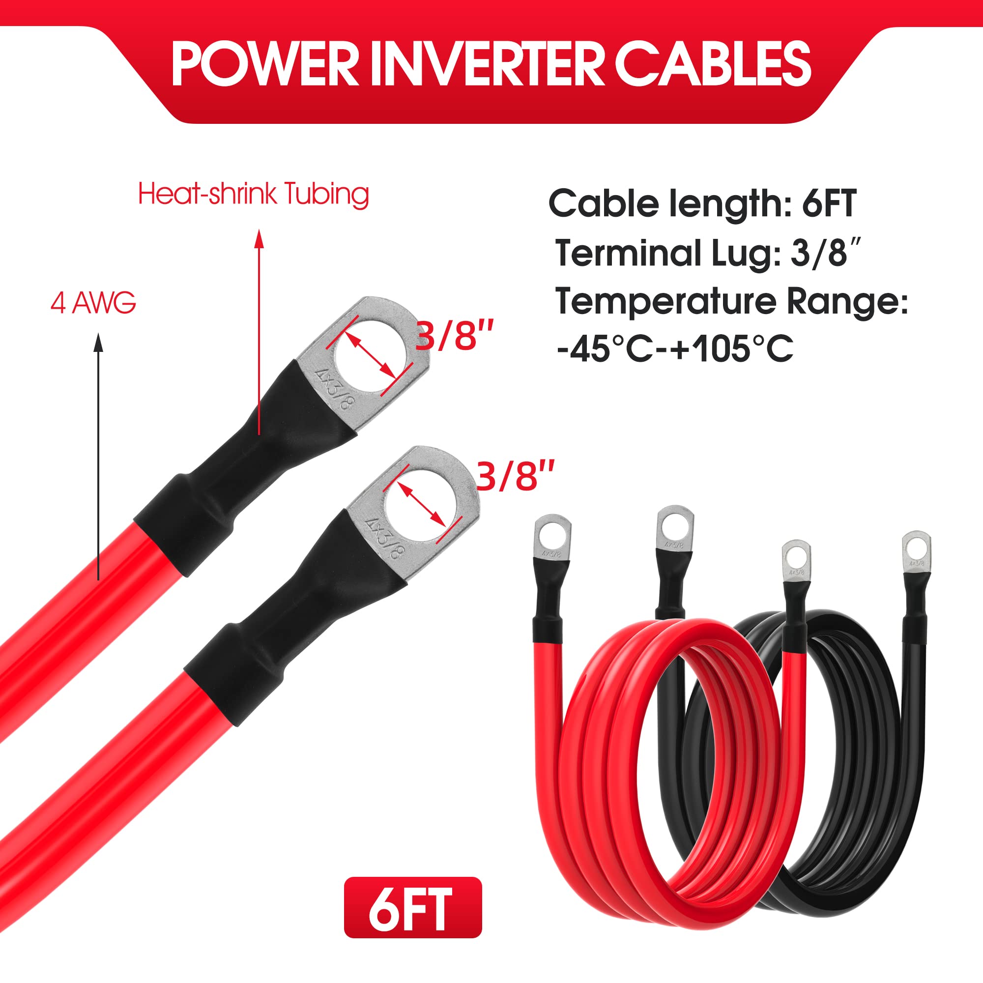 4 AWG Battery Cable 4AWG Gauge Pure Copper Battery Inverter Cables with 3/8 in Lugs Both Ends Power Inverter Wire Set for Automotive Solar Marine Boat RV Car Motorcycle Red and Black (6ft)