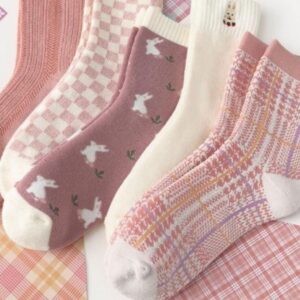 ELLEES 4/5/6/8 Pairs Cute Women Socks Winter Gifts for Women Floral Ankle Thermal Socks Warm Soft Cotton Socks Cozy Crew Socks… (4 Pairs-Pink Combo)