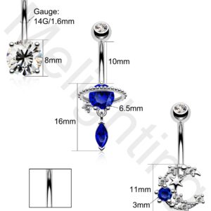 Melighting 14G Belly Button Rings Pack Stainless Steel 316L Blue Belly Rings for Women Clear CZ Planet Belly Piercing Moon Navel Barbell Body Piercing Jewelry (Blue)