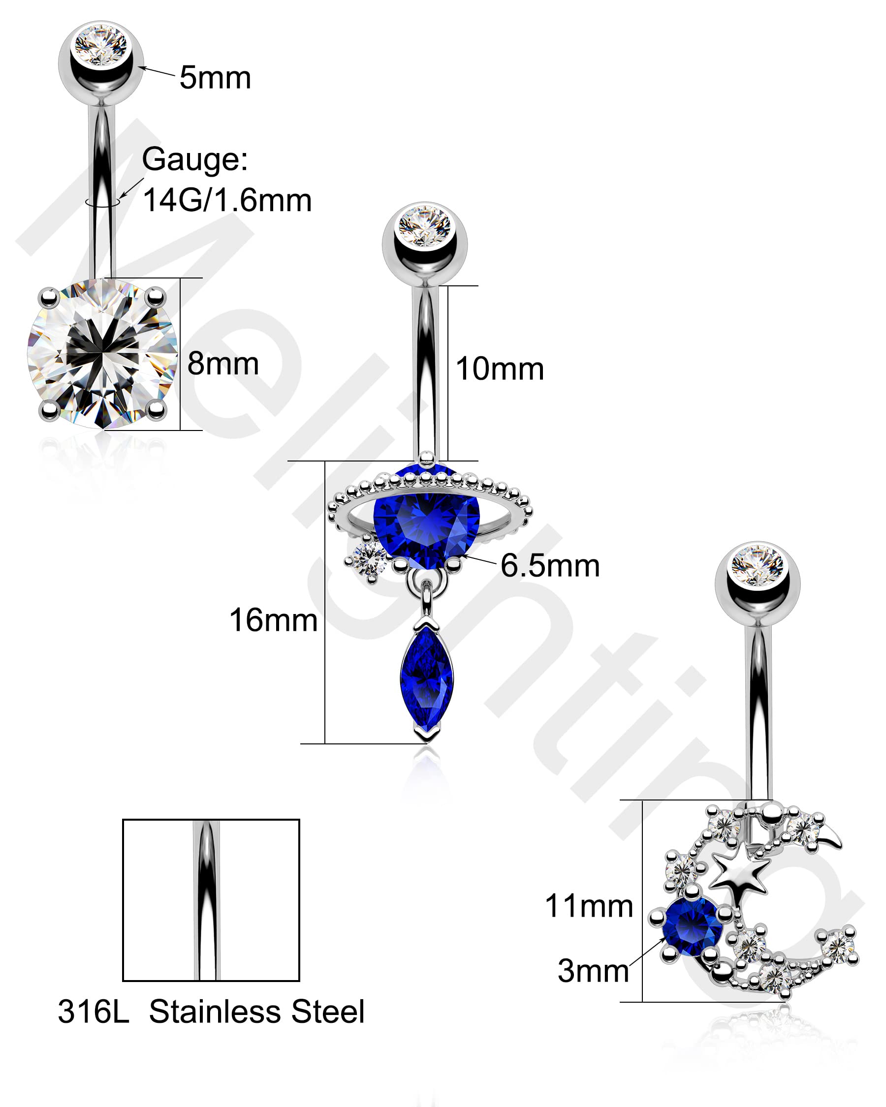 Melighting 14G Belly Button Rings Pack Stainless Steel 316L Blue Belly Rings for Women Clear CZ Planet Belly Piercing Moon Navel Barbell Body Piercing Jewelry (Blue)