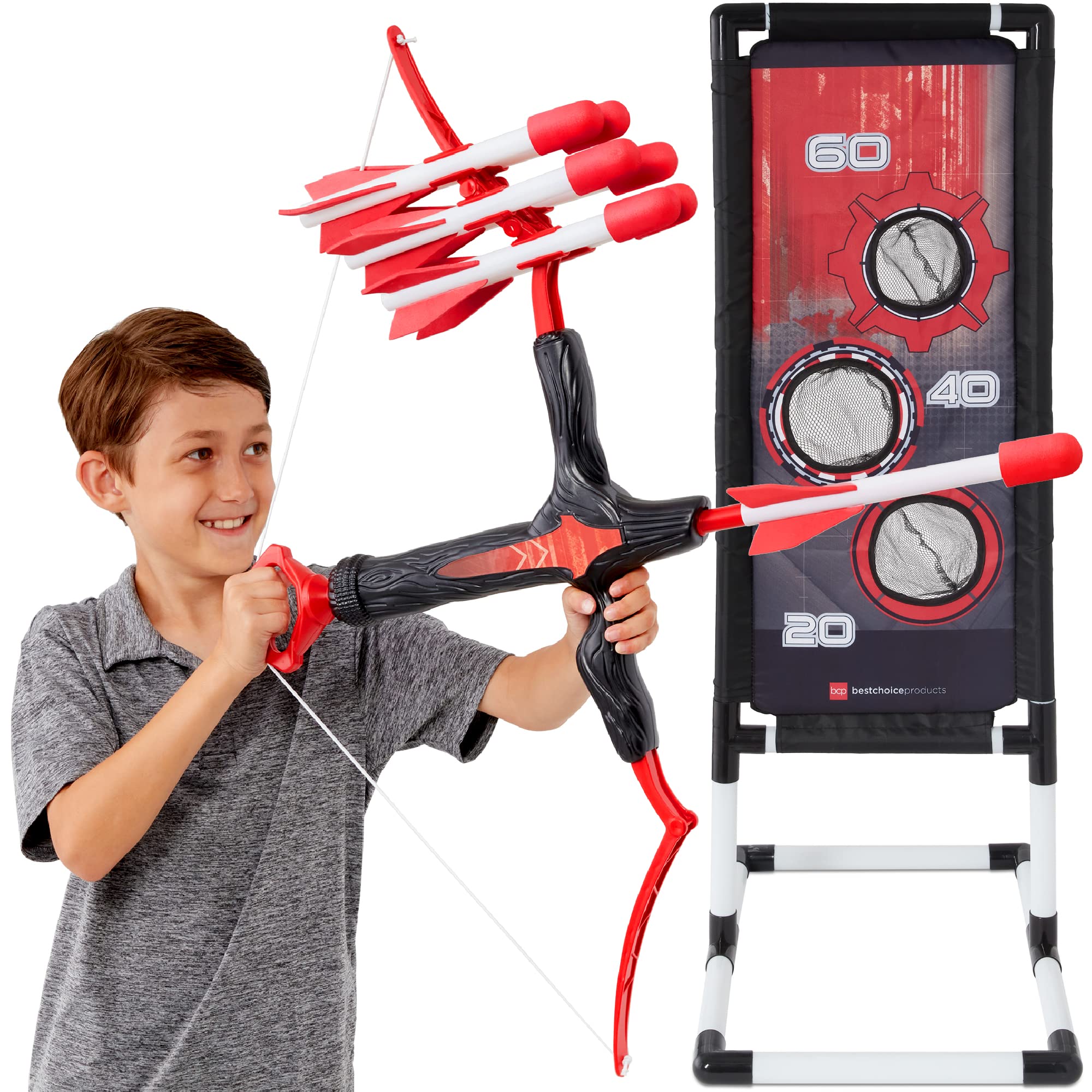 Best Choice Products Kids Bow & Arrow Set, Children's Play Archery Toy for Backyard, Outdoor Play, Hand-Eye Coordination w/ Target Stand, 12 Arrows, Quiver - Red