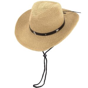 Straw Cowboy Cowgirl Hat for Men Women Wide Brim Sun Hat Western Style with String Khaki