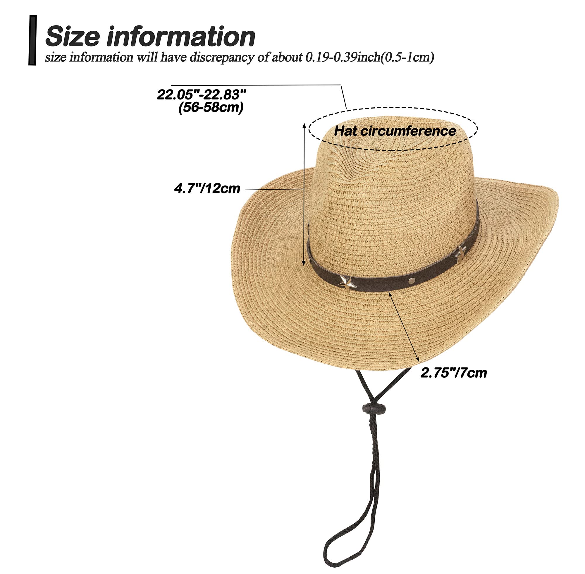 Straw Cowboy Cowgirl Hat for Men Women Wide Brim Sun Hat Western Style with String Khaki