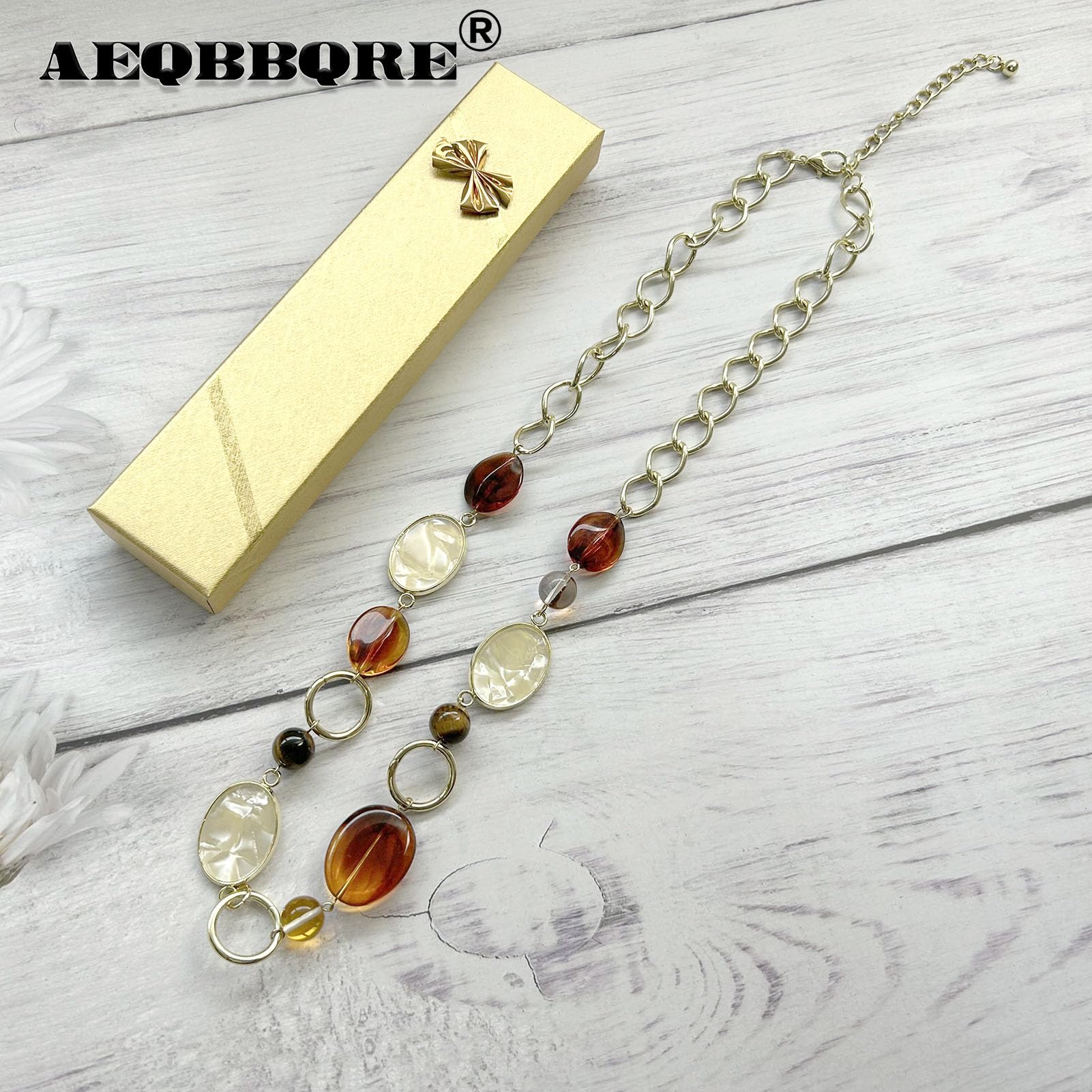 AEQBBQRE Women Boho Long Necklaces Trendy 14K Gold Plated Chain Genuine Natural Stone Necklace Tiger Eye Crystal Bead Imitation Agate Shell Jewelry For Fashion Girls