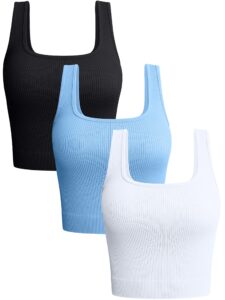 oqq women's 3 piece tank tops ribbed seamless workout exercise shirts yoga crop tops black candyblue white